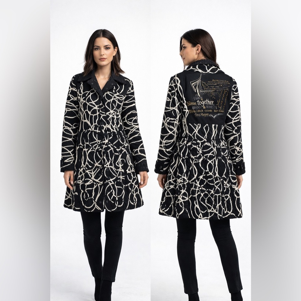 Desigual Black and‎ White Scribble Graffiti Embroidered Coat Sz. 46 (USL)